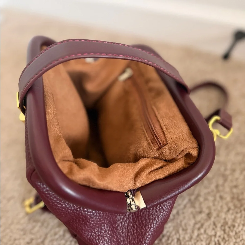 Structured Pebbled Crossbody Bag in Burgundy with Gold Hardware - Picture 4 of 7